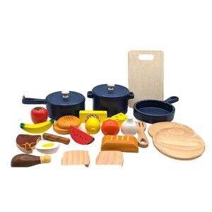 Wooden Play Food Set Lot Of 24 Pots Pans Food Plates
